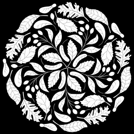 Autumn mandala with autumn leaves on black background. Coloring page for children and adult. Vector illustration.のイラスト素材