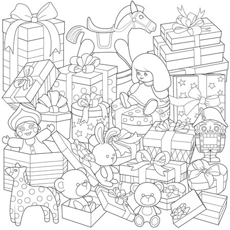 Gift boxes with toys. doll, horse. Teddy bear, nutcracker and bunny. gifts for children Coloring page for kids and adults. Kids toy box. Vector illustrationのイラスト素材