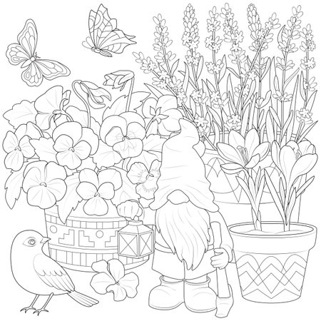 Garden gnome with bird and flowers. Art therapy Coloring page for kids and adults. Black and white isolated on White Background.Vector illustrationのイラスト素材