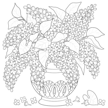 Bouquet of lilacs in a vase with an ornament. Black and white. Art therapy Coloring page. Vector illustrationのイラスト素材