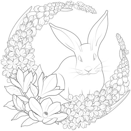 Easter rabbit with spring flowers and leaves wreath. Cute vintage bunny isolated on white background. Black and white. Art therapy Coloring page for kids and adults. Vector illustrationのイラスト素材