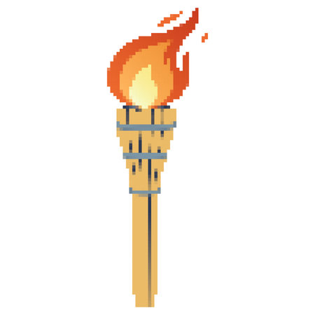 Pixel Flaming torch. Cartoon torch withe flame. Burning fire or flame. Sport fire sign. Competitions, athletic, champion, sports game or freedom torches with flames icon.のイラスト素材