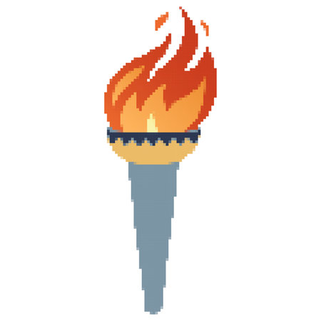 Pixel Flaming torch. Cartoon torch withe flame. Burning fire or flame. Sport fire sign. Competitions, athletic, champion, sports game or freedom torches with flames icon.のイラスト素材