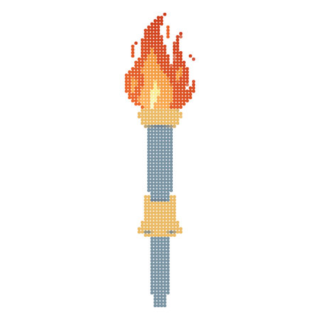 Dots Pixel Flaming torch. Cartoon torch withe flame. Burning fire or flame. Sport fire sign. Competitions, athletic, champion, sports game or freedom torches with flames icon.のイラスト素材