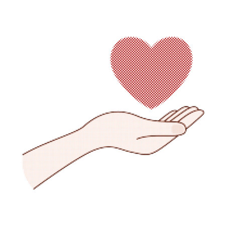 Hand holding a heart. Retro style. Collage element with hands. Vintage Halftone Vectors illustrationのイラスト素材