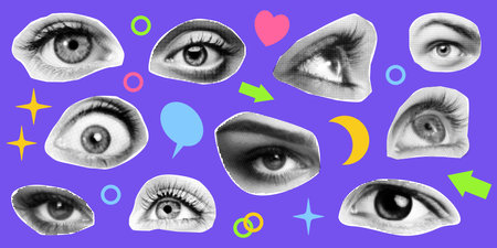 halftone eyes with eyelashes. isolated halftone dots texture black white. retro vintage pop art style collage element for mixed media modern crazy design in white background. Vector illustrationのイラスト素材