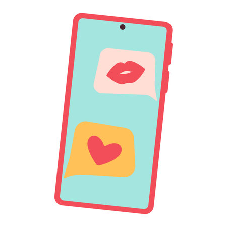 Valentine romantic phone with love message. Smartphone with heart emoji SMS. Valentines day hand drawn element in cute cartoon doodle style. Happy Valentine Trendy flat vector illustrationのイラスト素材