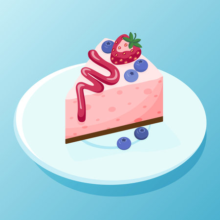 Strawberry cheesecake dessert. With Strawberry and Blueberry. Piece of dessert cake. Vector Icon illustration pastry.のイラスト素材