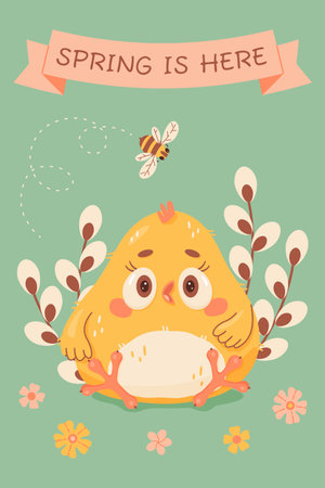 Spring greeting card with small chick, flowers and bee. Hand drawn cute cartoon chick. Flat vector spring Easter greeting card. Spring is here. Vector illustrationのイラスト素材