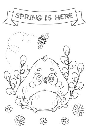 Chicken hand drawn cute cartoon Coloring Page small chick. Outline cartoon little chick spring greeting card. Newborn chicken. Birds. Coloring book for kids. Vector illustrationのイラスト素材
