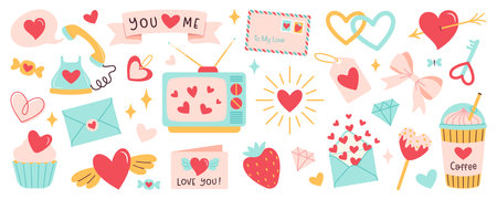 Valentines day elements set. Gift, heart, tv, cake, envelope, berry, Phone, bouquet, coffee and others traditional decorations. Cartoon style wedding and love concept for stickers, greeting cards.のイラスト素材