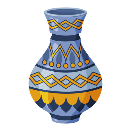 Colored ceramics vase. Porcelain vase for flowers, antique pottery, floral and abstract patterns. Vase pottery, floral pot, colorful jug. Trendy flat style isolated on white. Vector illustrationのイラスト素材