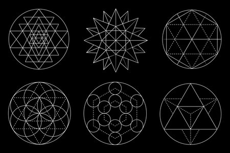 Sacred geometry vector design elements. Alchemy, religion, philosophy, spirituality, hipster symbols and elements isolated on black background. Vector illustrationのイラスト素材
