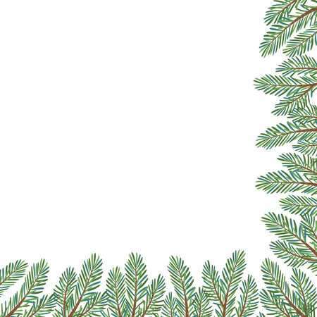 Christmas tree corner frame decoration. Fir tree branches. Pine, spruce branch. Hand drawn holiday vector illustration isolated on white. For New year, winter season headers, cards, party posters.のイラスト素材