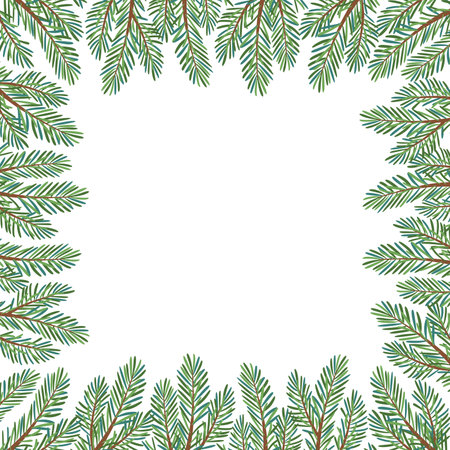 Christmas tree square frame for greeting card congratulations on new year, merry christmas. Christmas Larch, Pine evergreen tree. Hand drawn flat style isolated on white. Vector illustrationのイラスト素材