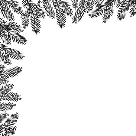Christmas tree silhouette corner frame decoration. Fir tree branches, Pine, spruce branch. Hand drawn doodle style vector illustration. For New year, winter season headers, cards, party posters.のイラスト素材
