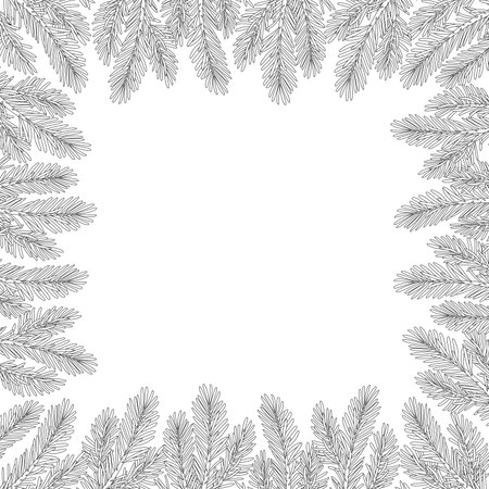 Christmas tree square frame line art for greeting card congratulations on new year, merry christmas. Christmas Larch, Pine evergreen tree. Hand drawn doodle style on white. Vector illustrationのイラスト素材