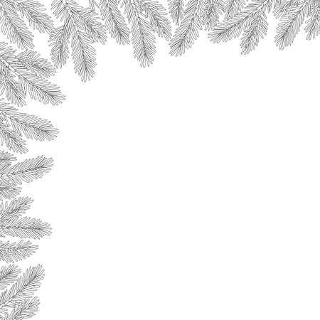 Christmas tree corner frame decoration. Fir tree branches line art. Pine, spruce branch. Hand drawn doodle style vector illustration. For New year, winter season headers, cards, party posters.のイラスト素材