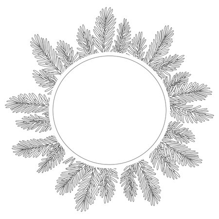 Christmas tree round frame line art for greeting card congratulations on new year, merry christmas. Christmas Larch, Pine evergreen tree. Hand drawn doodle style isolated on white. Vector illustrationのイラスト素材