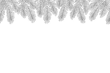 Pine tree branches seamless border line art isolated on white, spruce branches. Hand drawn xmas evergreen plant. Doodle Winter decor. Art therapy Coloring page Vector illustrationのイラスト素材