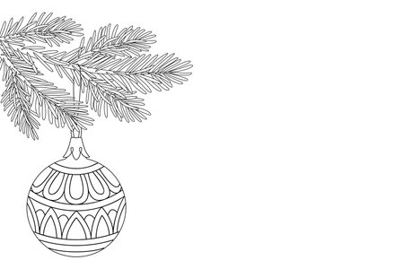 Christmas tree branch with christmas ball. Modern line art style bauble. Decor for Christmas, new year and holidays. Hand drawn doodle style isolated on white. Coloring page Vector illustrationのイラスト素材