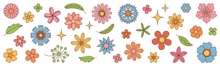Collection of spring colorful flower. Set Trendy groovy wildflower 70s Vintage style isolated on white. Hand drawn blossom doodle illustration. Bright colorful flowers. Retro floral vector design.のイラスト素材