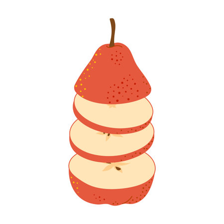 Chopped Pear flying in the air. Slice of fresh red Pear. Healthy vegetarian snack cut Pear for design or infographic Hand drawn Trendy flat style isolated on transparent background Vector illustrationのイラスト素材