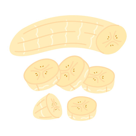Fresh peeled and cut into pieces banana. Hand drawn flat style banana isolated on transparent. Exotic tropical yellow fruit, banana snack, healthy vegetarian food. Vector clip art illustration.のイラスト素材