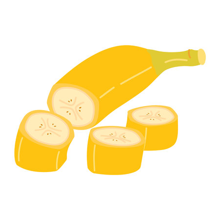 Fresh banana slice cut isolated on transparent background. Yellow tropical fruit, banana snack, healthy vegetarian and organic food. Cartoon Hand drawn trendy flat style. Vector illustrationのイラスト素材