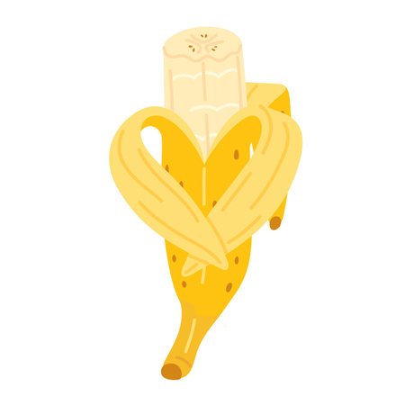 Fresh peeled and bitten banana. Hand drawn flat style banana peel heart isolated on transparent. Exotic tropical yellow fruit, banana snack, healthy vegetarian food. Vector clip art illustration.のイラスト素材
