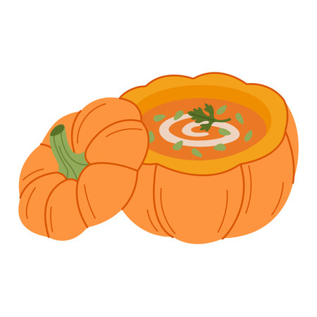 Pumpkin soup in orange pumpkin. Hand drawn trendy flat style isolated on transparent. Organic food, Autumn Harvest, Thanksgiving, halloween concept. Healthy vegetarian menu. Vector illustrationのイラスト素材