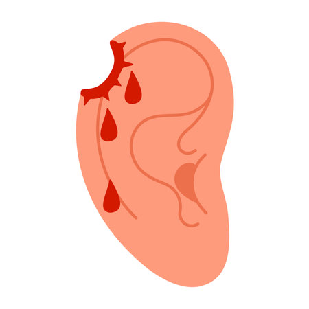 Wounded ear. bullet hole. Injured human ear with blood drops. a sense of injury or pain associated with the ear. Flat style Vector illustrationのイラスト素材