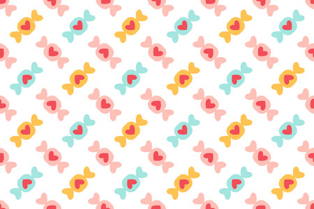Candy seamless pattern. Sweet background with lollipop, sweets, caramel, colorful candies. Hand drawn trendy flat style yellow, pink and blue candies. Repeatable candy pattern. Vector illustrationのイラスト素材