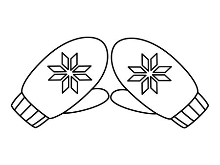 Cute warm mittens with snowflake. Doodle style winter accessories Hand drawn black and white isolated. Vector illustrationのイラスト素材