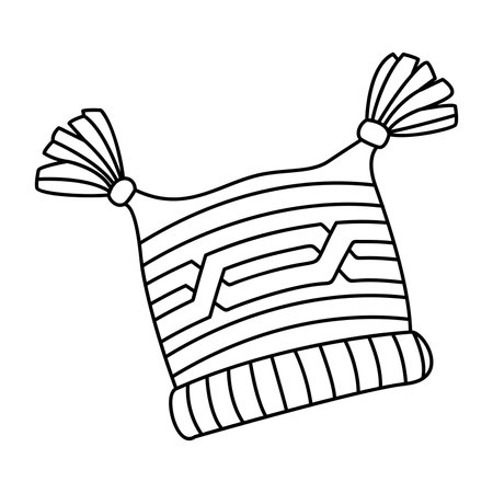 Warm winter hat with pompoms doodle style. Cozy warm clothes. Hand drawn black and white isolated vector illustrationのイラスト素材