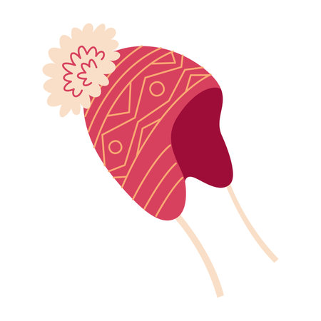 Knitted red winter hat with pompom vector icons. Winter cloth thick woolen chunky yarn, Hand drawn flat style isolated. Vector illustrationのイラスト素材