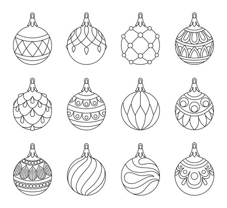 Vector set christmas ball doodle style. Hand drawn black and white isolated globe decorative for christmas trees, new year and christmas bauble coloring page. Vector illustrationのイラスト素材