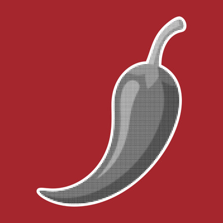 Chili pepper. Trendy halftone style. Fresh vegetable retro black and white halftone dotted texture. Vintage cutout magazine pop art style, modern collage element. Vector illustrationのイラスト素材