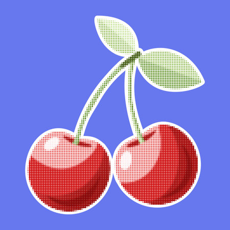 Cherry. Trendy halftone style. Fresh fruit retro color halftone dotted texture. Vintage cutout...