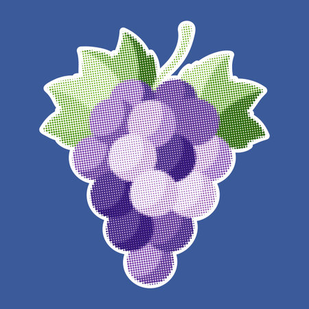 Grape. Trendy halftone style. Fresh fruit retro color halftone dotted texture. Vintage cutout magazine pop art style, modern collage element. Vector illustrationのイラスト素材