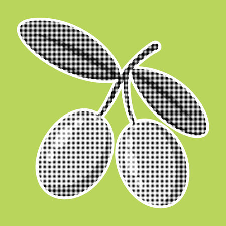 Olives. Trendy halftone style. Fresh vegetable retro black and white halftone dotted texture. Vintage cutout magazine pop art style, modern collage element. Vector illustrationのイラスト素材