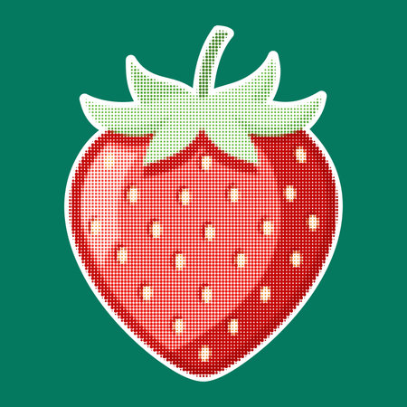 Strawberry. Trendy halftone style. Fresh fruit retro color halftone dotted texture. Vintage cutout magazine pop art style, modern collage element. Vector illustrationのイラスト素材