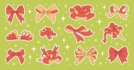 Red and gold ribbon bows stickers set. Hand drawn Red and yellow bowknot for decoration big set bowtie. Trendy flat style. Vector illustrationのイラスト素材