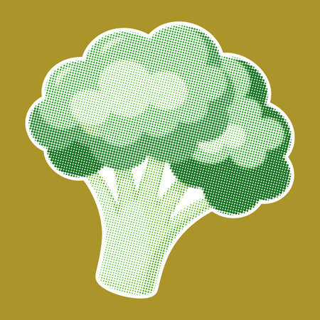 Broccoli. Trendy halftone style. Fresh vegetable retro color halftone dotted texture. Vintage cutout magazine pop art style, modern collage element. Vector illustrationのイラスト素材