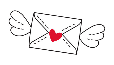 Love letter with wings doodle style Hand drawn trendy flat style love isolated icon symbol of love for web graphic design poster tattoo Valentines Day Greeting card line art Vector illustrationのイラスト素材