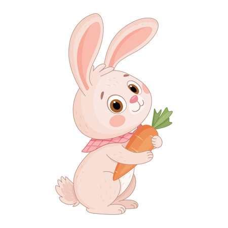 Cute Easter Bunny hugs big carrot. Hand drawn trendy flat style isolated icon. Rabbit or hare with ripe and juicy carrot, spring festive animal holiday character. Vector illustrationのイラスト素材