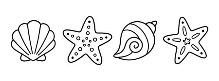 Spiral seashell, scallop shell, conch shell, and a starfish black and white marine icons set. clean, outline, line art style. For coloring books, surf shop, tattoo templates, web icons, prints. Vectorのイラスト素材
