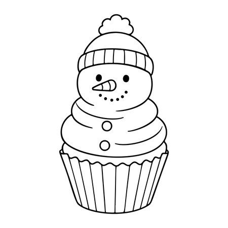 Snowman cupcake Doodle style. Hand drawn black and white isolated icon. Coloring page, art therapy, line art, logotype. Vector illustrationのイラスト素材