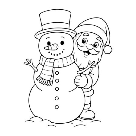 Santa Claus and snowman. Doodle style. Hand drawn black and white isolated icon. Coloring page, art therapy, line art, logotype. Christmas celebration sign. Vector illustrationのイラスト素材