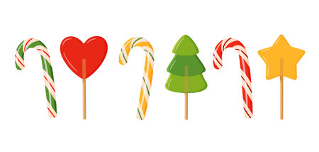 Colorful Christmas lollipops Set. Shape of Candy canes, heart, tree, and star. Hand drawn trendy flat style vector illustration Perfect for holiday cards, packaging, prints, stickers, and decorations.のイラスト素材